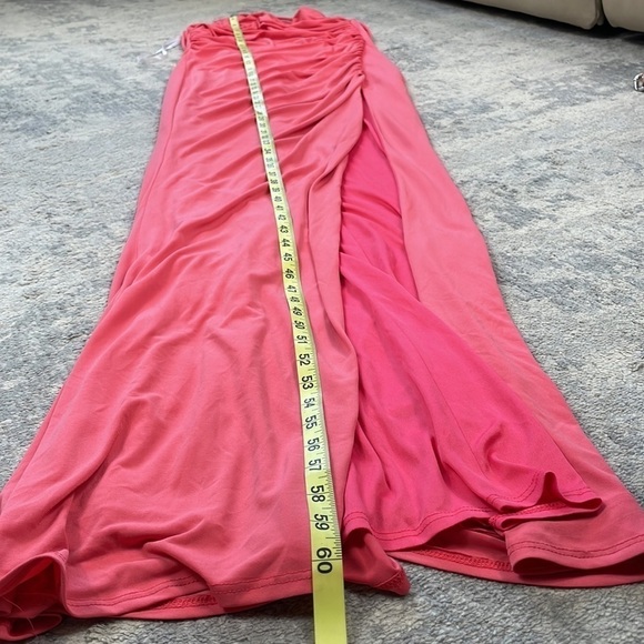 New Katie May Winnipeg One Shoulder Ruched Knit Gown Slit Coral Pink Sz M - Picture 8 of 12